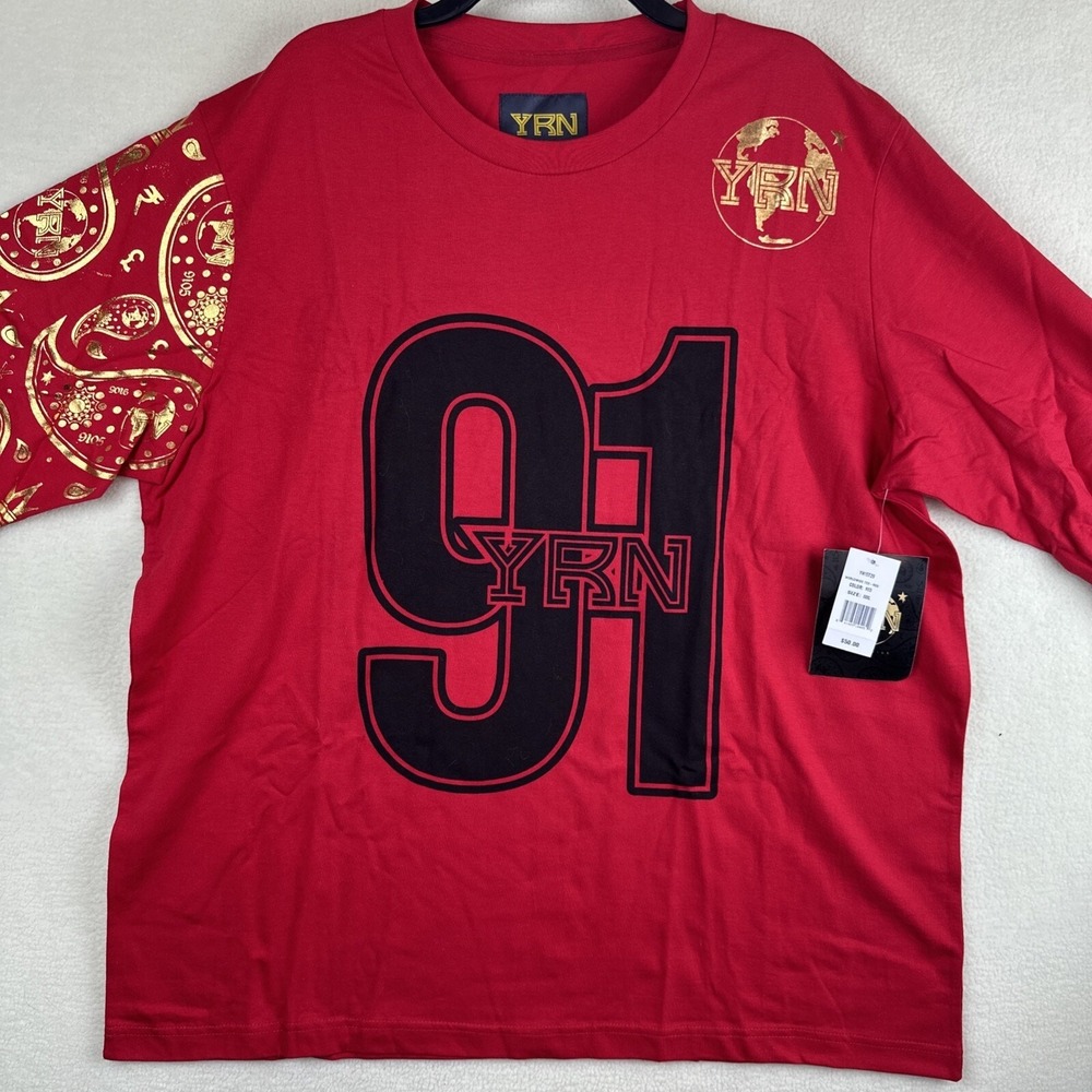 YRN Migos Worldwide Long Sleeve T-Shirt Red Gold Foil Mens 3XL YH15T29 NWT